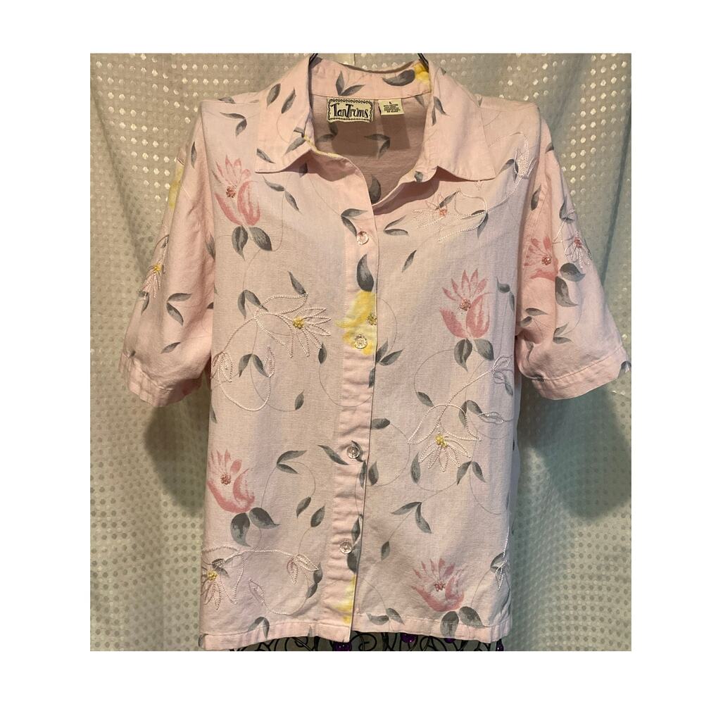 Vintage TanTrums Cotton/Linen Blend Pink Camp Shirt Size L - Picture 5 of 8